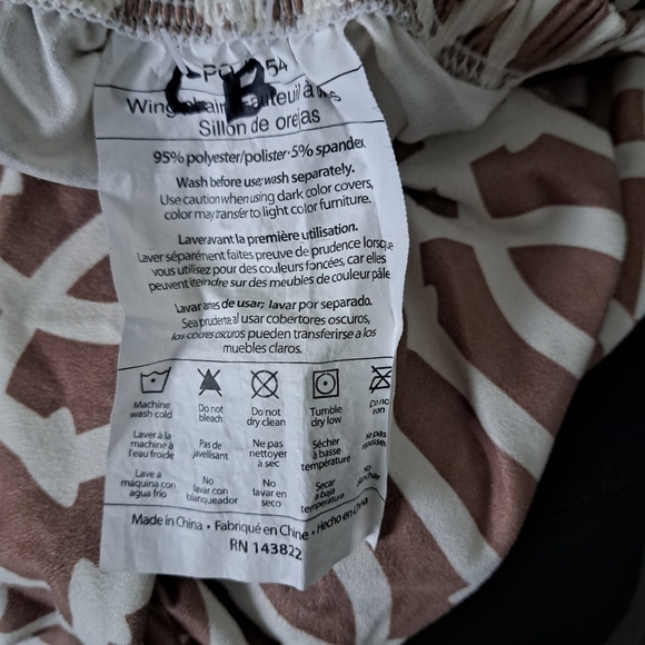 WINGBACK CHAIR stretch cover taupe white print coastal beachy neutral shade - Picture 7 of 7